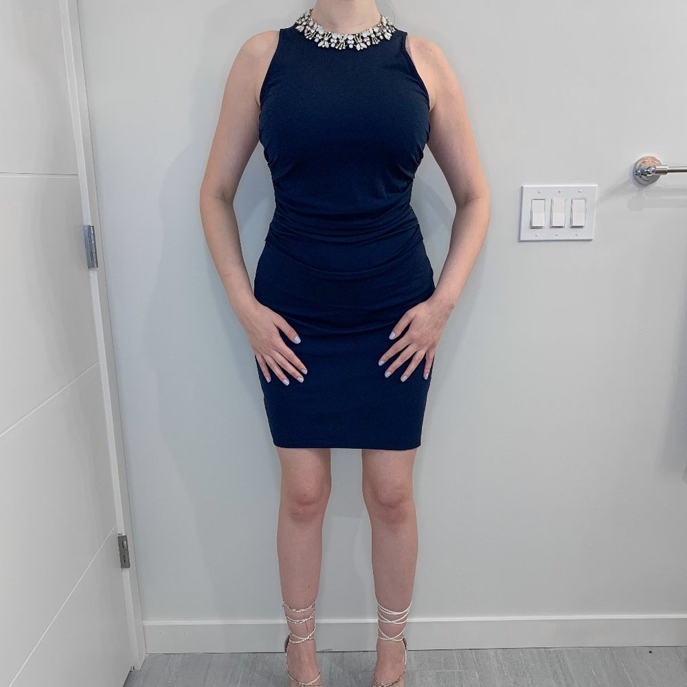 ANN TAYLOR Navy Blue Ruched Dress